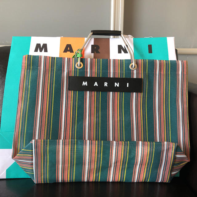 MARNI マルニ フラワーカフェ ストライプバッグ グリーン