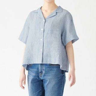 ムジルシリョウヒン(MUJI (無印良品))の◇新品◇ 無印良品オーガニックリネン洗いざらしストライプ半袖開襟シャツ／Ｍ～Ｌ(シャツ/ブラウス(半袖/袖なし))