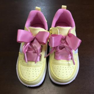  【VANS】女の子 18cm リボン レースアップ風 イエロー・ピンク(スニーカー)