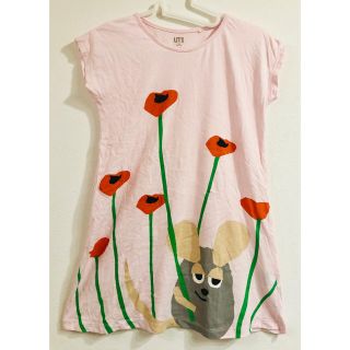 ユニクロ(UNIQLO)のユニクロ キッズ ロングTシャツ お花とねずみさん かわいい 140(Tシャツ/カットソー)