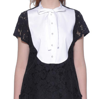 Lace Ribbon Blouse - White-Black(シャツ/ブラウス(半袖/袖なし))