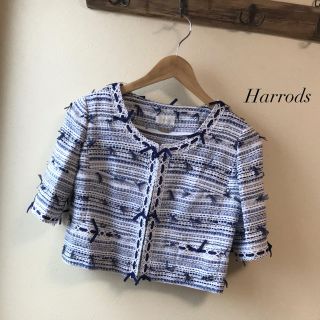 ハロッズ(Harrods)のHarrods ノーカラー ジャケット サイズ2 リボン ミックス ツィード(ノーカラージャケット)