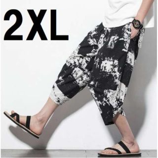 2XL 白 黒 総柄 七分丈 パンツ メンズ ワイド ズボン 7分丈 綿 麻 袴(サルエルパンツ)