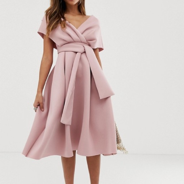 asos - UK10*ASOS*ピンク ウエストタイオフショルドレス