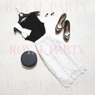 ロイヤルパーティー(ROYAL PARTY)のROYAL PARTY 肩リボンリブトップス レーススカート セット(セット/コーデ)