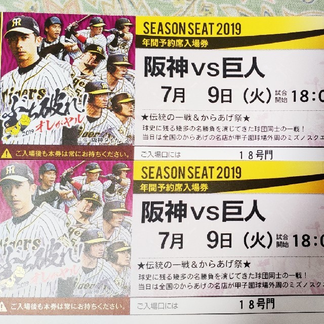 7月9日(火)甲子園球場 阪神vs巨人 レフト外野指定席 1枚