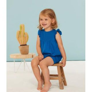 プチバトー(PETIT BATEAU)の☆SALE☆24ｍ プチバトー ブルーリネンショートロンパース(ロンパース)