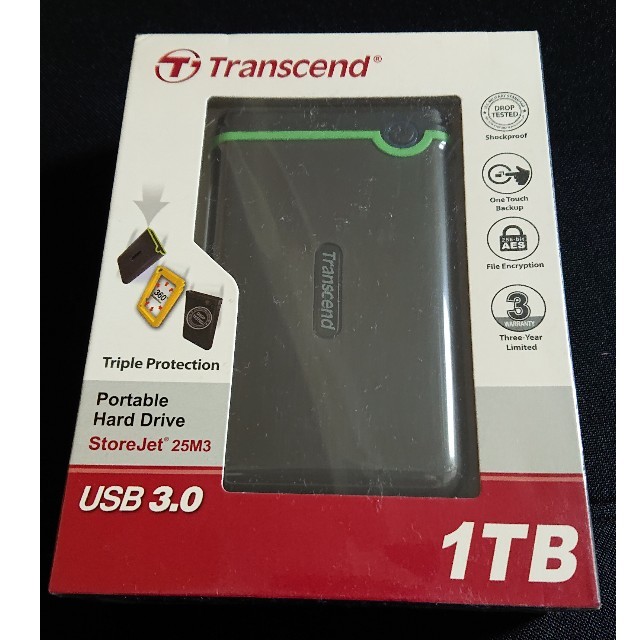 Transcend(トランセンド)のTranscend USB3.0 ポータブルHDD TS1TSJ25M3 未開封 スマホ/家電/カメラのPC/タブレット(PC周辺機器)の商品写真