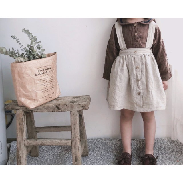 【110cm】リネンのサスペンダーワンピ【14㎝】合皮の靴 キッズ/ベビー/マタニティのキッズ服女の子用(90cm~)(ワンピース)の商品写真