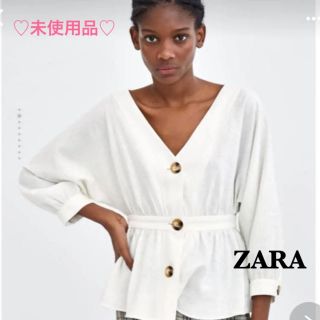 ザラ(ZARA)の♡新品♡ZARA ザラ リネン 麻 ブラウス ボタン Vネック(シャツ/ブラウス(半袖/袖なし))