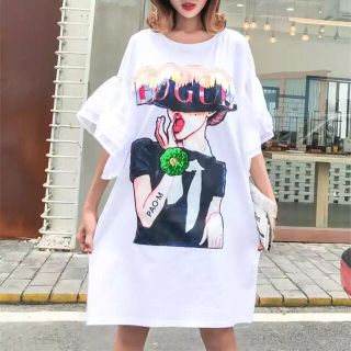 ザラ(ZARA)のMサイズ スパンコール フリル ラッフルTシャツ ワンピース VOGUE(Tシャツ(半袖/袖なし))