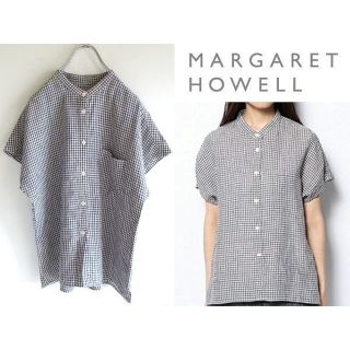 マーガレットハウエル(MARGARET HOWELL)の美品 マーガレットハウエル ギンガムチェック リネン カラーレスシャツ Ⅱ(シャツ/ブラウス(半袖/袖なし))