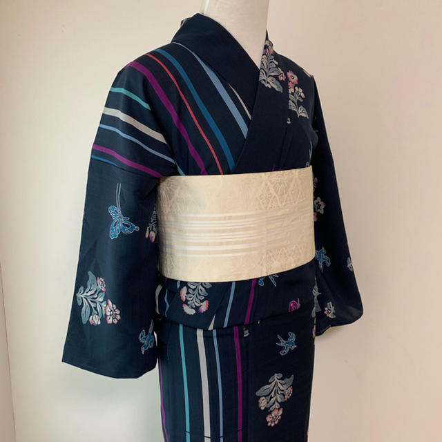 WEB限定】 ふりふ 新品送料込 縞と小花柄の片身合わせゆかた ゆかた