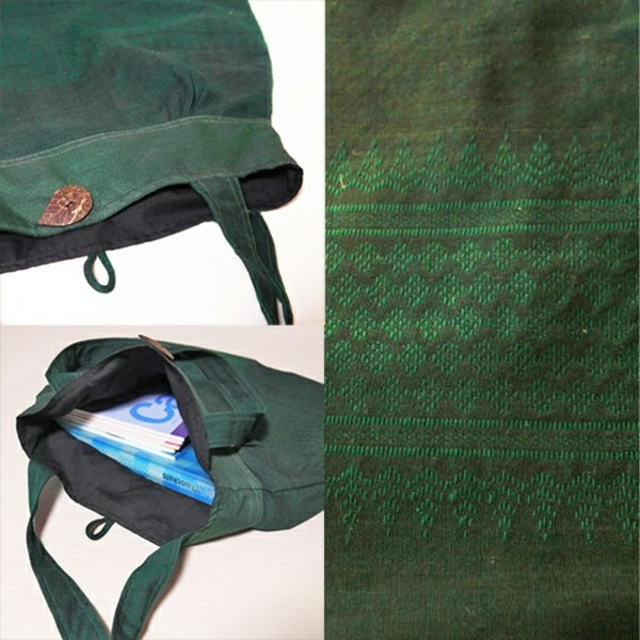 カンボジア直輸入☆シルクトートバッグ(織柄&ウッドビーズ)深緑色 1
