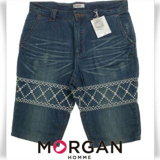 モルガンオム(MORGAN HOMME)のMORGAN HOMME 春夏 デニム刺繍コットンショートパンツ M ブルー(ショートパンツ)