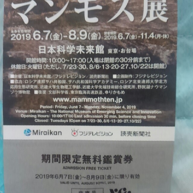 マンモス展　日本科学未来館　鑑賞券1枚 チケットの施設利用券(美術館/博物館)の商品写真