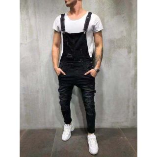 LF828 メンズデニムオーバーオール ダメージジーンズ サロペットスリム(デニム/ジーンズ)