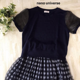 ナノユニバース(nano・universe)の美品 ナノユニバース オーガンジーパフスリーブ 半袖カットソー Tシャツ 紺(Tシャツ(半袖/袖なし))