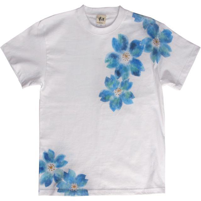舞桜柄メンズ Tシャツホワイト Lサイズ 手描きで描いた和風の桜柄Tシャツ