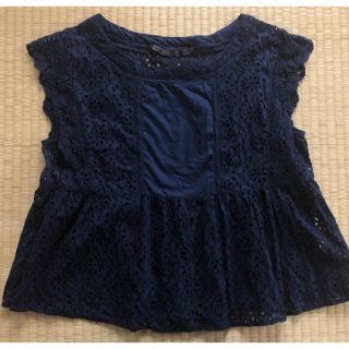 ザラ(ZARA)のzara カットワークレース ネイビー ブラウスL(シャツ/ブラウス(半袖/袖なし))