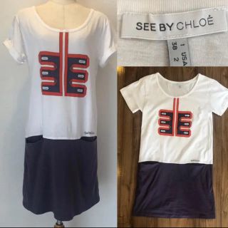 シーバイクロエ(SEE BY CHLOE)のSEE by CHLOEシーバイクロ カットソーワンピース コンビ プリント(ひざ丈ワンピース)