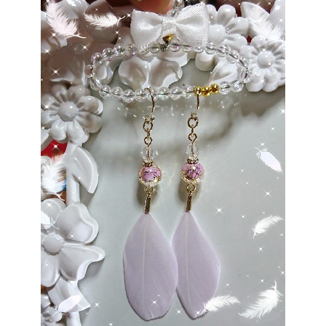 いのフェザ 煌めくスワロ×ミルキーパープルフェザーピアス໒