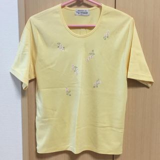 【美品】トップス/カットソー 花柄イエロー レディースL(カットソー(半袖/袖なし))