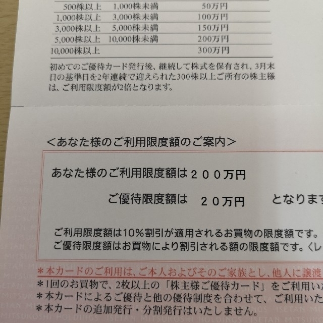 三越伊勢丹　株主優待カード（購入限度額200万円）10%有効期限