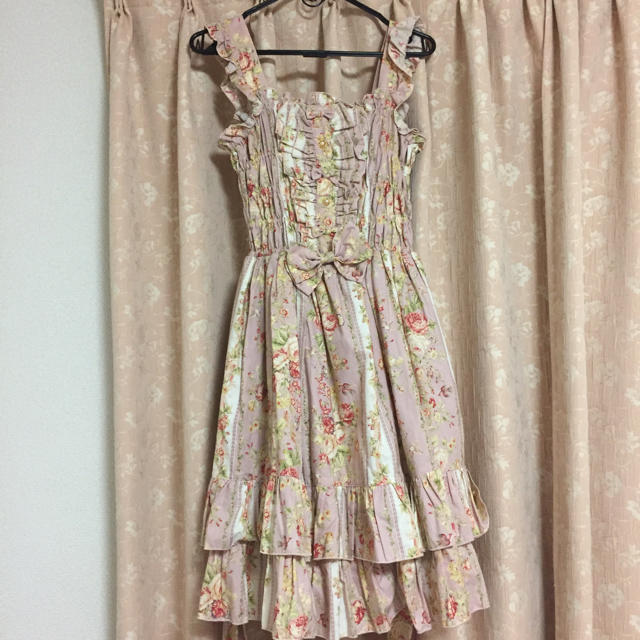 最終値下げ【美品】花柄シャーリングjsk+リボンクリップひざ丈ワンピース