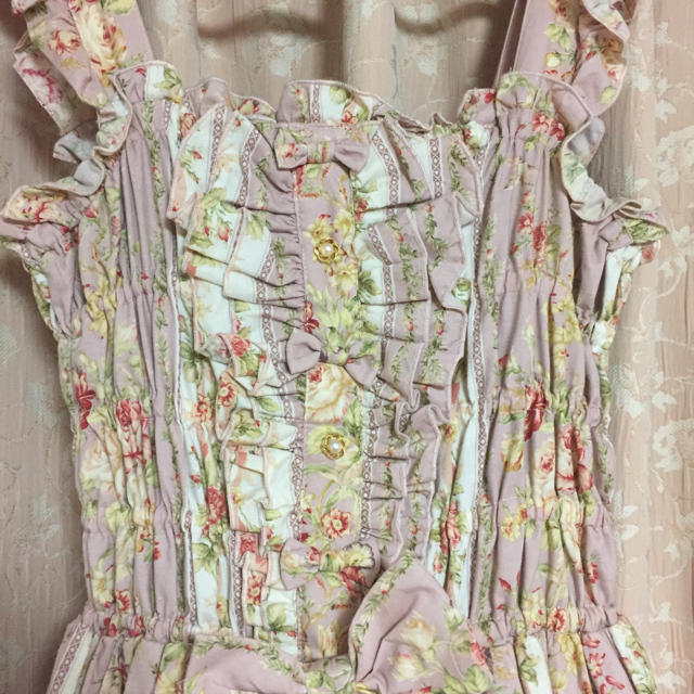 最終値下げ【美品】花柄シャーリングjsk+リボンクリップひざ丈ワンピース