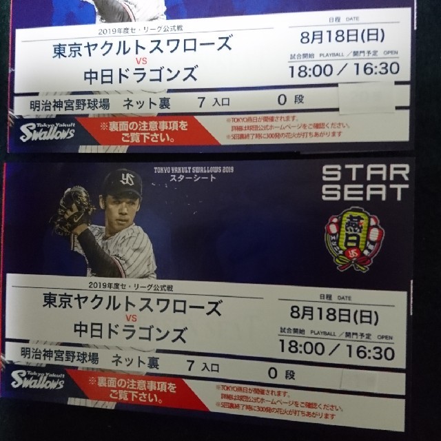 東京ヤクルトスワローズ(トウキョウヤクルトスワローズ)の野球観戦チケットヤクルト対中日 チケットのスポーツ(野球)の商品写真