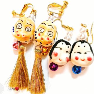 おかめ☆ひょっとこ☆リバーシブル☆ピアス☆イヤリン☆お祭☆成人式☆花火☆タッセル(ピアス)