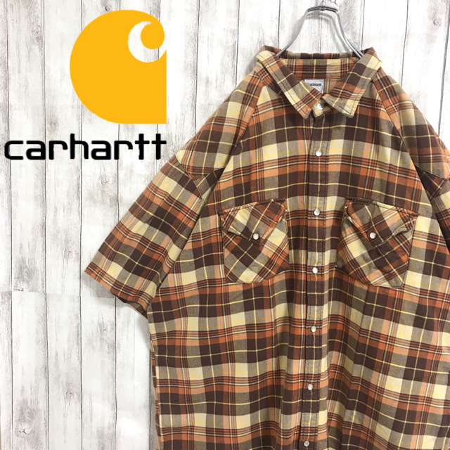 carhartt(カーハート)の90s 古着 carhartt カーハート 革ロゴ チェック 半袖 シャツ メンズのトップス(シャツ)の商品写真
