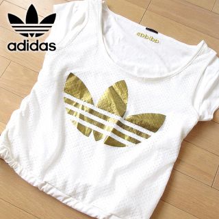 アディダス(adidas)の美品 Mサイズ アディダス レディース ビッグロゴカットソー ホワイト(カットソー(半袖/袖なし))