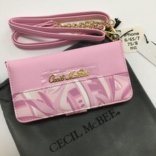 CECIL McBEE(セシルマクビー)の新品 セシルマクビー ショルダー付き ミラー付き iPhoneケース ピンク スマホ/家電/カメラのスマホアクセサリー(iPhoneケース)の商品写真