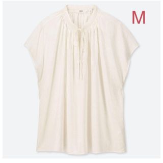 ユニクロ(UNIQLO)のユニクロ リネンブレンド ギャザーブラウス（半袖） M／ホワイト 新品タグ付き(シャツ/ブラウス(半袖/袖なし))