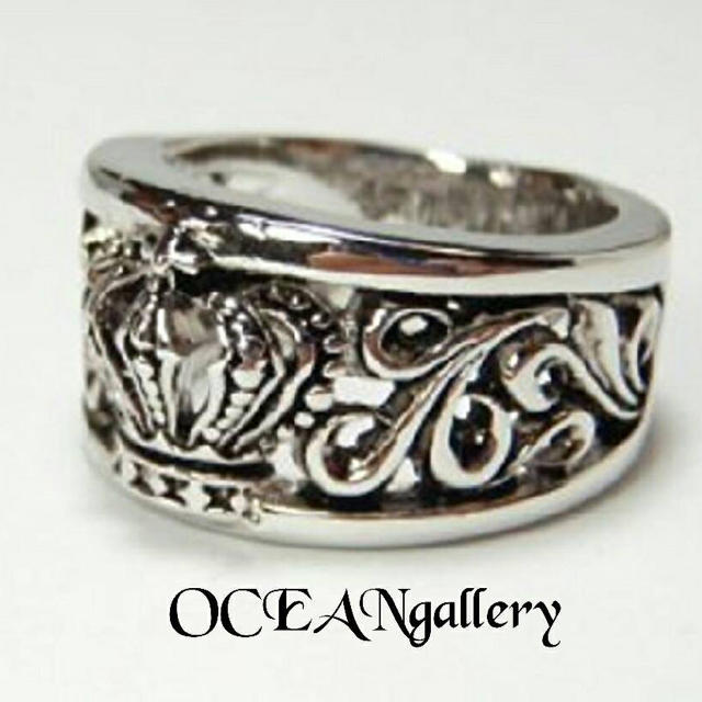 送料無料 17号 シルバークラウン王冠リング 指輪 彫刻風透かしアラベスク模様 メンズのアクセサリー(リング(指輪))の商品写真