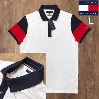 トミーヒルフィガー(TOMMY HILFIGER)の売切!トミーヒルフィガー 襟ロゴ 袖切替 ポロシャツ(L)白 181228(ポロシャツ)