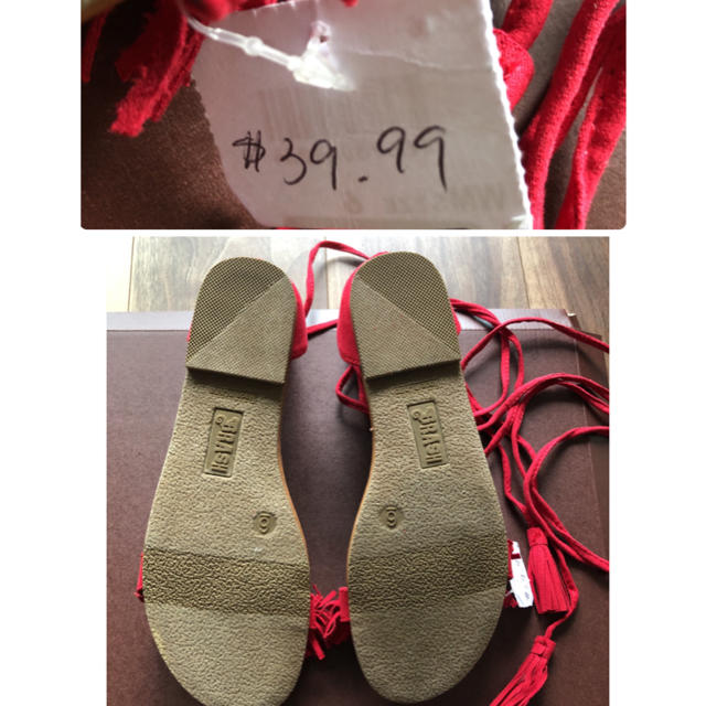 フリンジ付き編み上げペタンコサンダル サイズ6 赤 レディースの靴/シューズ(サンダル)の商品写真
