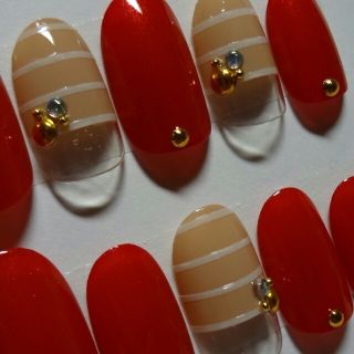 レッド×ラインボーダーネイル(つけ爪/ネイルチップ)