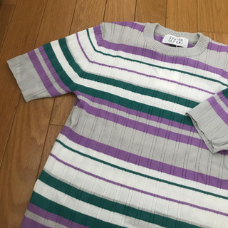 ローリーズファーム(LOWRYS FARM)のリブニット Tシャツ マルチボーダー 紫(Tシャツ(半袖/袖なし))