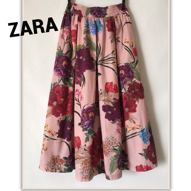 ZARA(ザラ)のザラ♡フラワープリント ミモレ丈 スカート 花柄 くすみピンク コットン S〜M レディースのスカート(ひざ丈スカート)の商品写真