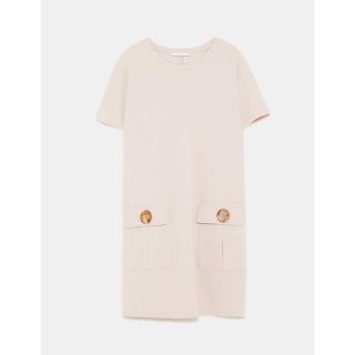 ザラ(ZARA)のZARA ザラ ベージュ ワンピース 半袖 ボタン ポケット ピンクベージュ(ミニワンピース)