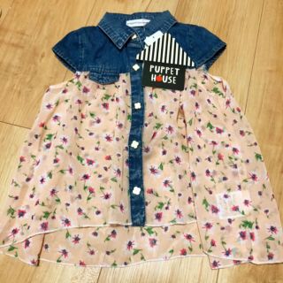 新品タグ付き❤︎女の子 花柄シフォンブラウス 90❤︎デニム切り替え(ブラウス)