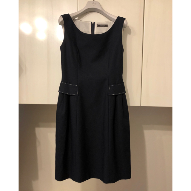 美品 FOXEY フォクシー ワンピース ビタミンピケ 紺色 40 M 綿 膝丈