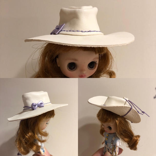 プチブライス 牛本革カウボーイハット 紫とピンク ハンドメイドのおもちゃ(ミニチュア)の商品写真