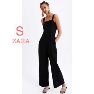 ザラ(ZARA)の新品未使用 ZARA フロントボタン リネン混 オールインワン 黒 S(オールインワン)