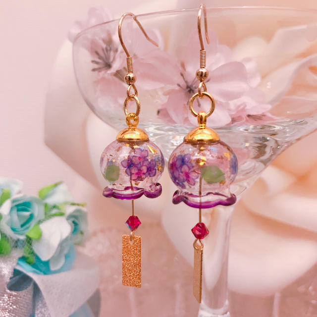 紫陽花 紫 ガラス 風鈴 ピアス イヤリング ハンドメイド