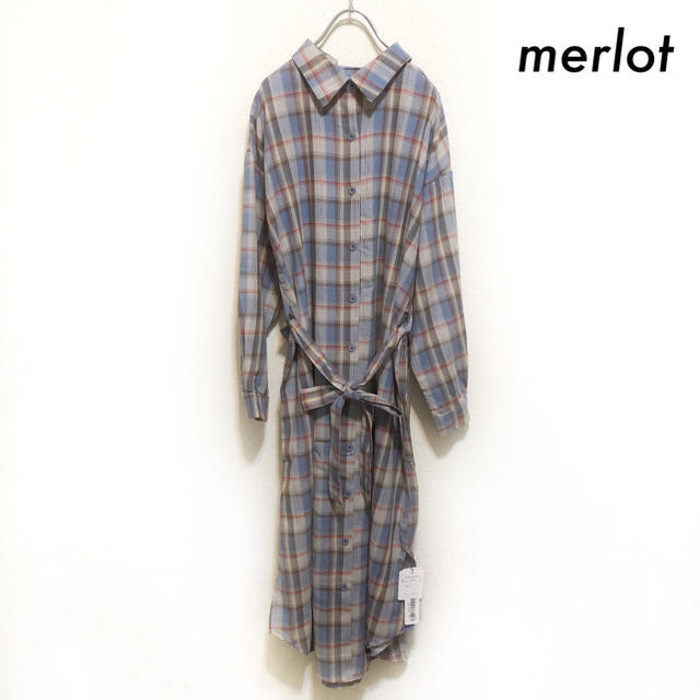 merlot(メルロー)の新品 merlot メルロー★マドラスチェック柄 長袖 シャツワンピース ブルー レディースのワンピース(ロングワンピース/マキシワンピース)の商品写真