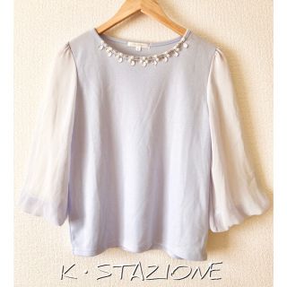 K・STAZIONE★ビジュー付きペールブルーシフォンTOPS★(カットソー(長袖/七分))